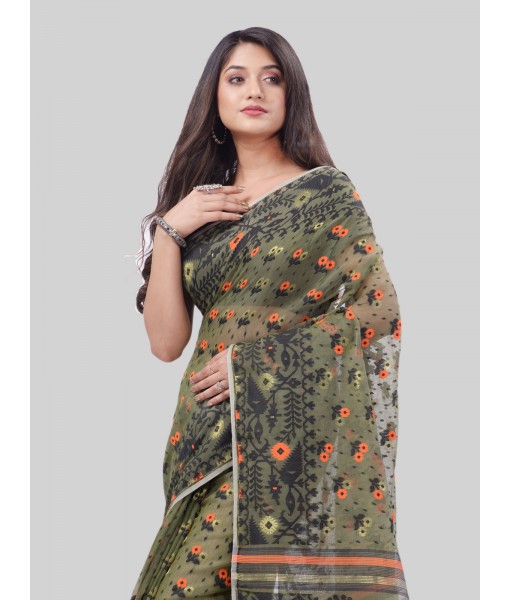 DESH BIDESH Women`s Phulkari Resham Dhakai jamdani Bengal Pure Cotton Handloom Saree Whole Body Design without Blouse Piece (Moss Green Orange)